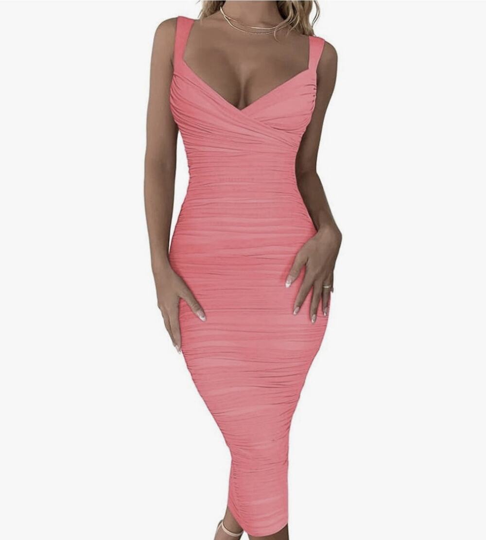 Women's Sexy Bodycon Sleeveless Ruched Mesh Club Party Midi Size Small